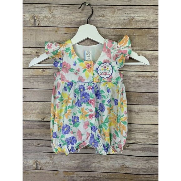 Vintage 18 Months One Piece Romper Floral Button Up Front Ruffled - Picture 1 of 9